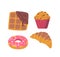 Wafer, Muffin, Donut And Croissant Delectable Assortment Of Bakery Products. Freshly Baked Bread, Flaky Pastry
