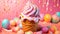 waffle basket with ice cream among ice cream scoops as ice cream advertisement