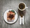 Waffle biscuits with jam and green tea