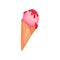 Waffle cone with ball of tasty raspberry ice-cream. Delicious summer dessert. Flat vector for menu or advertising poster