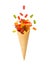 Waffle cone with gummies. Marmalade bears. White isolated background. Favorite children`s sweets
