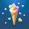 Waffle cone with hearts for Valentine`s Day. Valentines Day decor on February 14. Realistic festive decorative objects