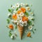 A waffle cone overflowing with a vibrant bouquet of fresh flowers on a pastel background