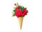 Waffle cone with poinsettia flowers, fir branches and Christmas tree decorations. White isolated background. Christmas card. flat