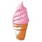 Waffle cone, poke or cornet of pink fruit ice cream. Wafer sugar cup of strawberry cold dessert.