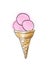 Waffle cone with scoop pink strawberry or raspberry ice cream. Sketch style illustration