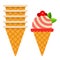 Waffle cone tower and striped ice cream ball with cranberry flat isolated