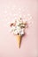 Waffle cone with white almond blossom flowers