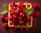 a waffle with fresh raspberries and mint leaves