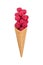 Waffle ice cream cone with fresh raspberry fruits