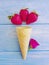 Waffle ice cream, strawberry rose flower background beauty berry