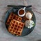 Waffle with syrup waffle with ice-cream waffle with strawberry waffle with whip cream waffle on wooden table yummy waffle fresh wa