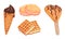 Waffle or Wafer Desserts with Ice Cream and Gaufre Sticking Together Vector Set
