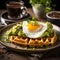 Waffles with avocado guacamole, delicious egg, seeds on top, some greenery nearby cup of coffee mockup