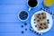 Waffles and blueberries breakfast with coffee and orange juice o