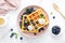 Waffles with cream cheese and fresh blueberries, healthy food, breakfast. Waffles with berries