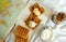 Waffles with walnut jam and Greek yogurt as a healthy breakfast
