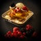 Waffles with whipped cream, raspberries, blackberries and red curd on a dark background