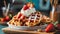 waffles with whipped cream and strawberry close up ai