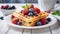 Wafles with syrup on white plate with fruits.