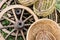 Waggon wheels and wicker baskets at a country fair