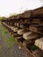 Wagon with extracted old railways. Concrete and wooden sleepers with rail rods