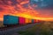 Wagon of freight train with containers on the sky background