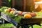 Wagon full of Halloween yellow and green pumpkins. Pumpkin season. Autumn compositions