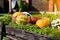 Wagon full of Halloween yellow and green pumpkins. Pumpkin season. Autumn compositions