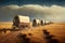 wagon train of covered wagons traversing vast expanse of open prairie