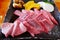 Wagyu kalbi meat on dish at BBQ , yakiniku grill buffet restaurant