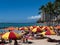 Waikiki beach with red yellow umbrellas