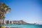 Waikiki Beach with view of Diamond Head - volcanic cone on Oahu, Hawaii