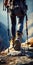 Waist down shoot of a hiker\\\'s sturdy boots tread a rugged mountain trail, symbolizing the spirit of exploration.