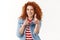 Waist-up cheeky good-looking redhead female giving hint winking playfully pointing finger pistols sassy camera inviting