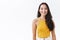 Waist-up enthusiastic asian female with long dark hair, wear yellow trendy top, smiling with friendly, carefree