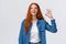 Waist-up portrait charismatic redhead woman having fantastic time with friends on party showing okay gesture, like or