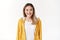 Waist-up sociable friendly charming asian blond girl wear stylish yellow jacket t-shirt smiling broadly determined have