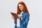 Wait-up portrait coquettish and flirty cute redhead woman flirting with team member during meeting, holding digital