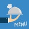 Waiter hand holding silver platter cloche with chefs hat. Menu card. Metal restaurant food cloche. Cute cartoon character. Blue