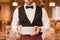 Waiter holding pile of plates