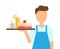 Waiter Holding Tray with Drinks and Cake Vector