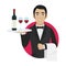 Waiter holds tray with wine and glasses
