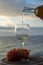 Waiter pouring aperitif white wine in glasses on outdoor tessace witn sea view