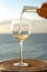 Waiter pouring aperitif white wine in glasses on outdoor tessace witn sea view