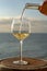 Waiter pouring aperitif white wine in glasses on outdoor tessace witn sea view