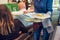 The waiter removing dirty dishes after guests of the event on restaurant service. Catering Service at business meeting, party, wed