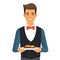 Waiter serving delicious salad, smiling male restaurant staff presenting dish. Smartly dressed