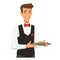Waiter serving delicious salad, smiling male restaurant staff presenting dish. Smartly dressed