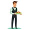 Waiter serving delicious salad, smiling male restaurant staff presenting dish. Smartly dressed